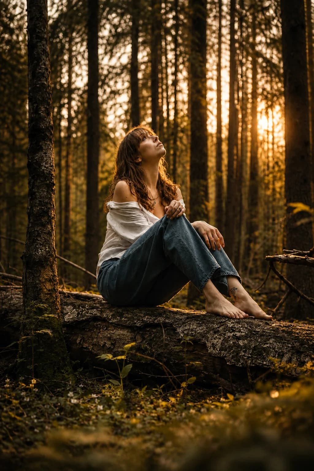 Фотография девушки в лесу в тёплом тоне